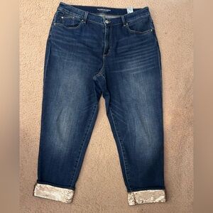 Chico’s Women's Blue Jeans with Gold Sequin Cuffs, 14R, 2.5